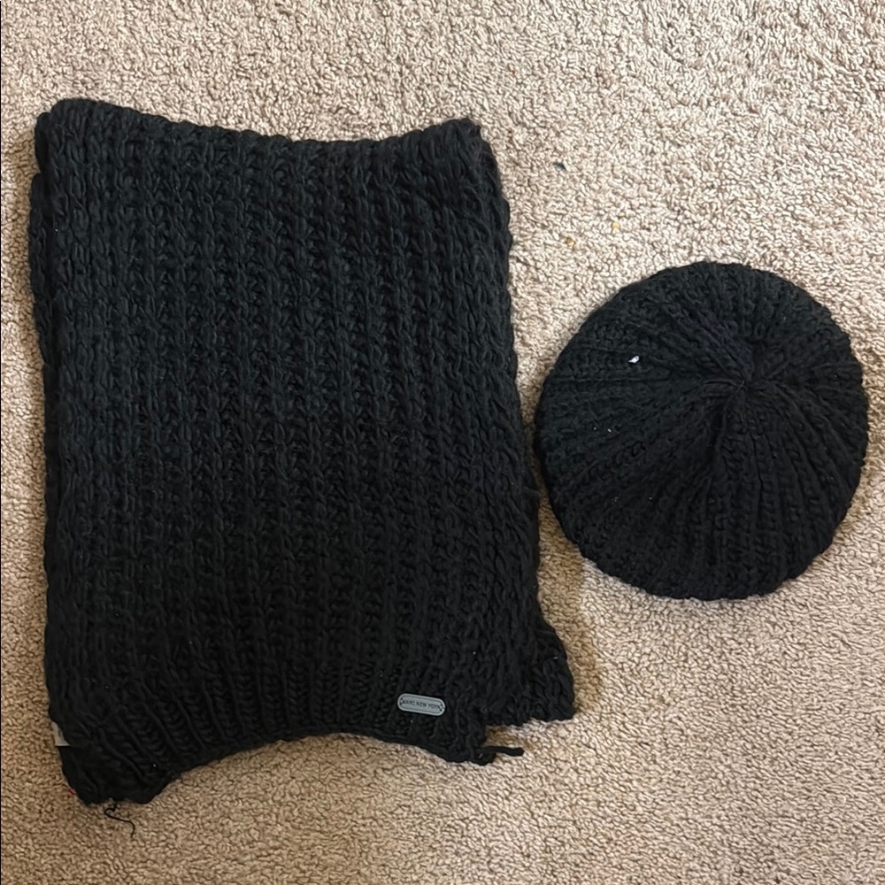 Marc New York Black Knit Scarf and Hat Set